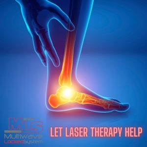 A close-up image of a foot showing a red glow at the back of the heel, illustrating the area being treated with MLS Laser Therapy to reduce inflammation and support healing.