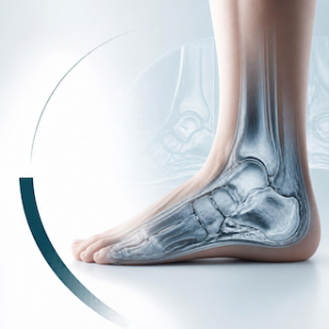 Medical illustration of a foot and ankle with internal anatomy and diagnostic imaging, representing MRI referral for foot and ankle conditions.